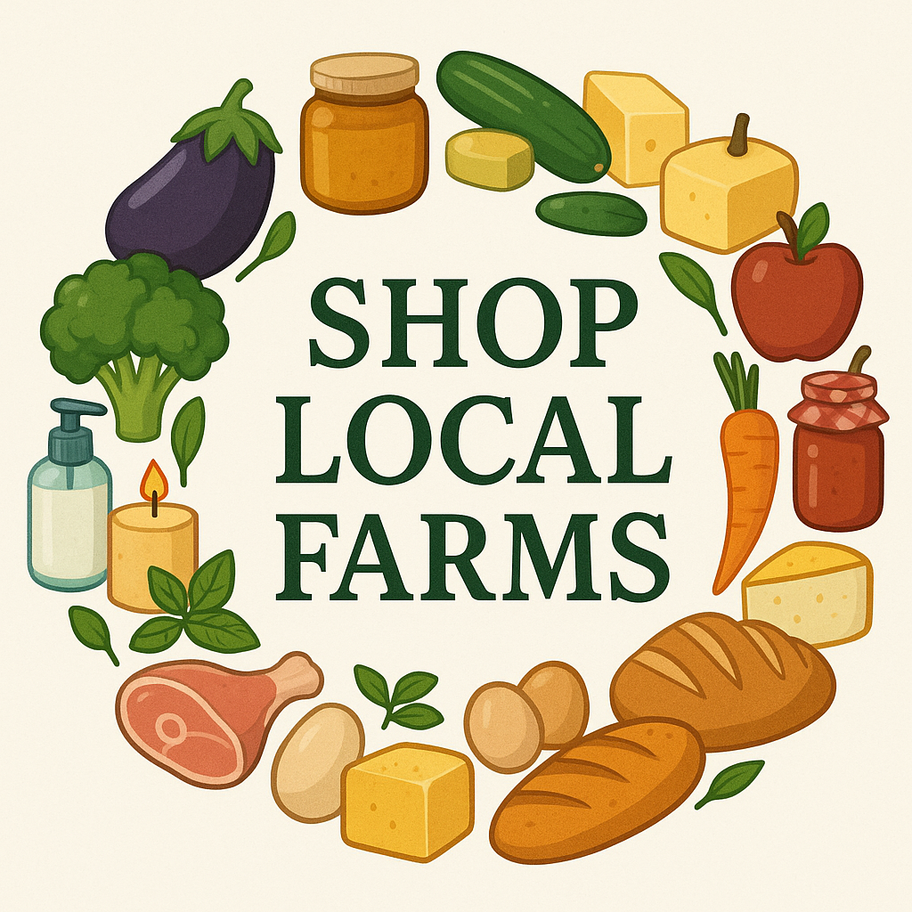 Illustration with various farm-fresh foods including vegetables, cheese, bread, meat, honey, and herbs surrounding text that reads 'Shop Local Farms'.