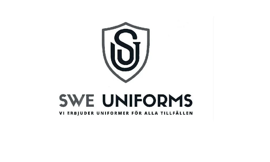 Logotyp för SWE Uniforms med en skyddsskjöldsymbol och texten "Vi erbjuder uniformer för alla tillfällen".