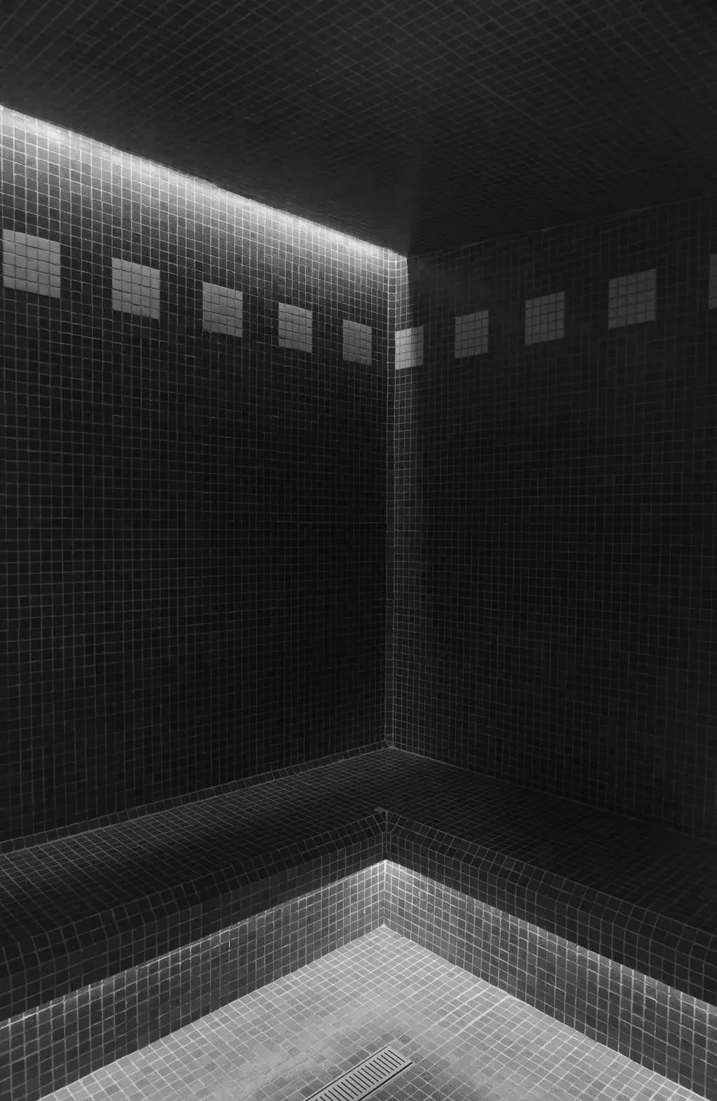 A corner of a modern minimally decorated shower with black mosaic tiles on the walls and small light-colored tiles on the floor.