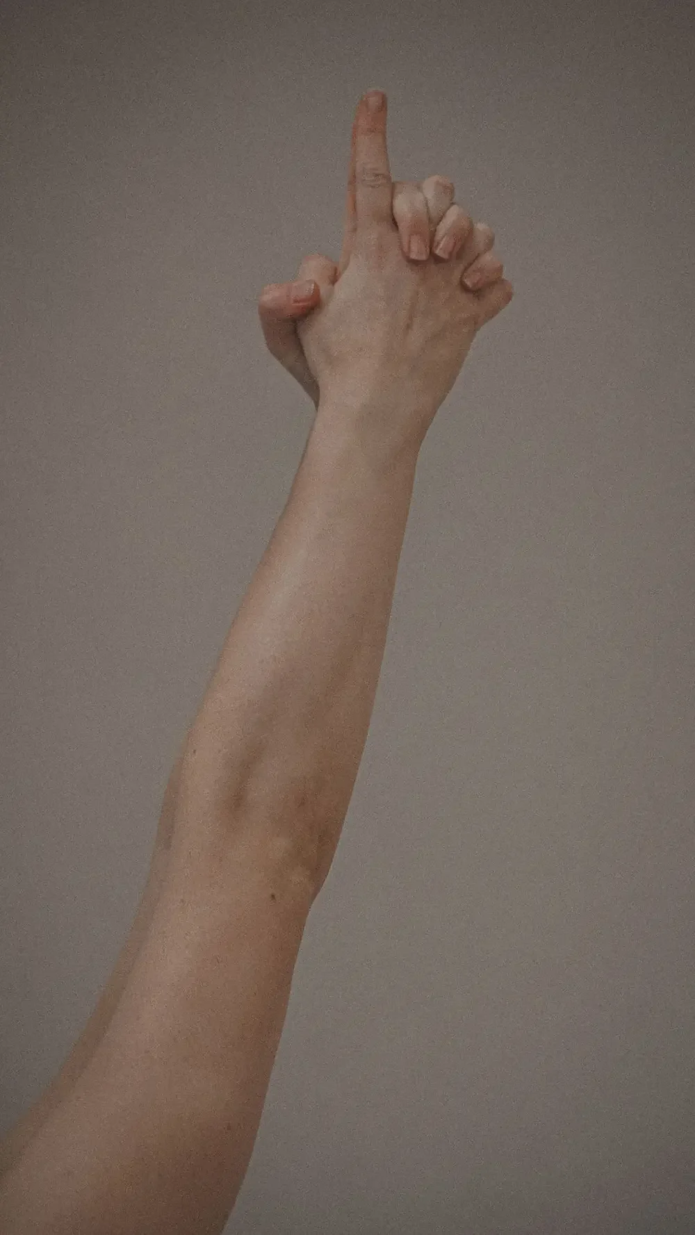 hands held together in a yoga pose, with the index fingers pointed updwards