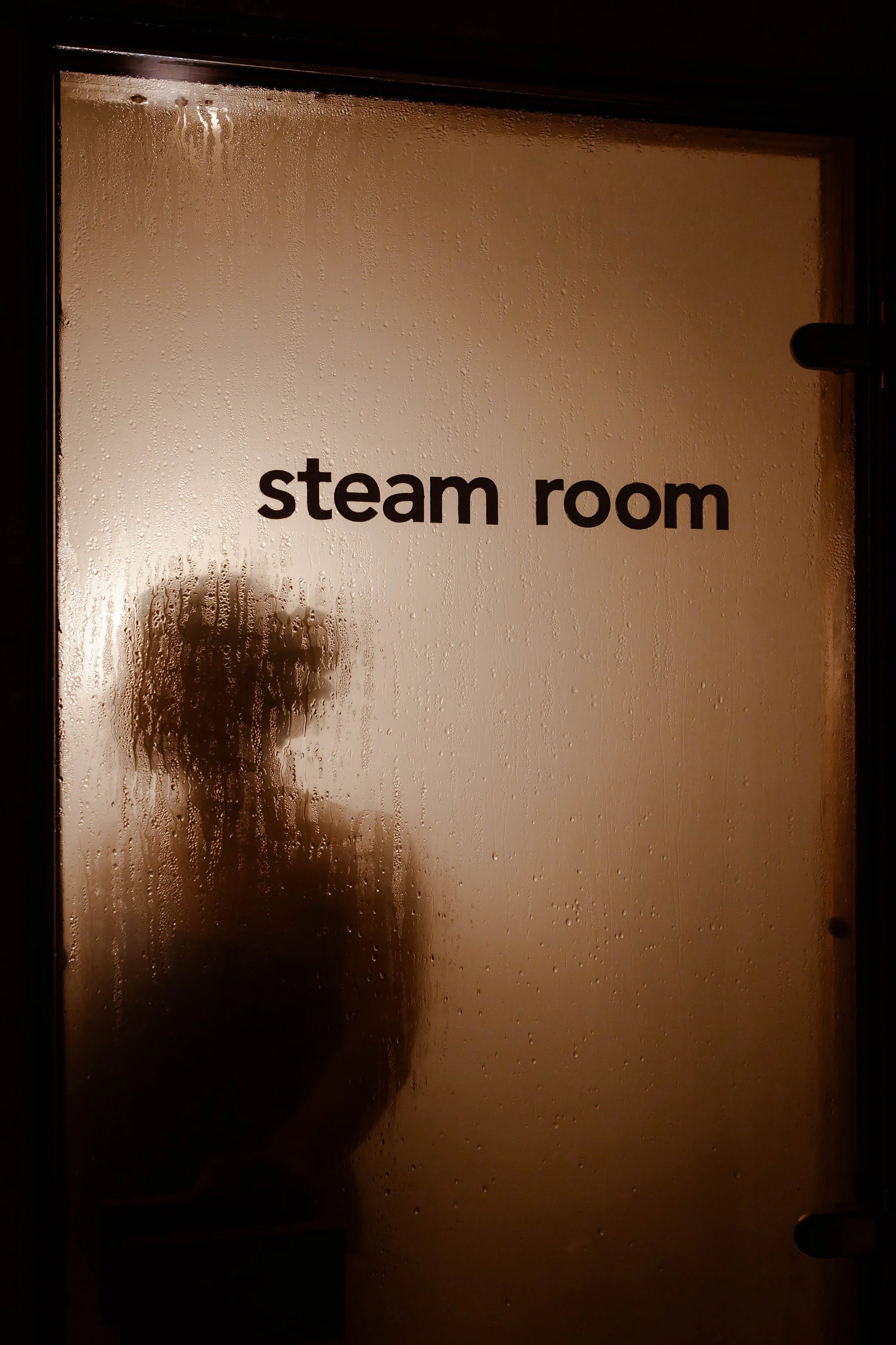 A moody image of a door with the title 'steam room', with the silhouette of a person in the light. 
