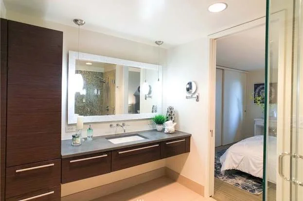 Bathroom vanity with roll up counter with sink at 820 Blanchard St #810 Seattle WA 98121