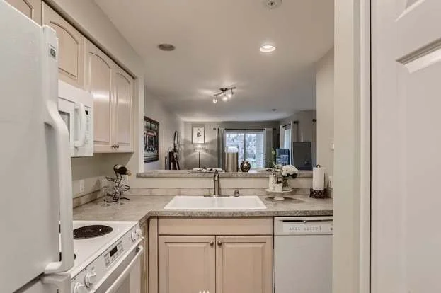 Kitchen with double sinks overlooking dining area at 2530 15th Ave W #508 Seattle WA 98119