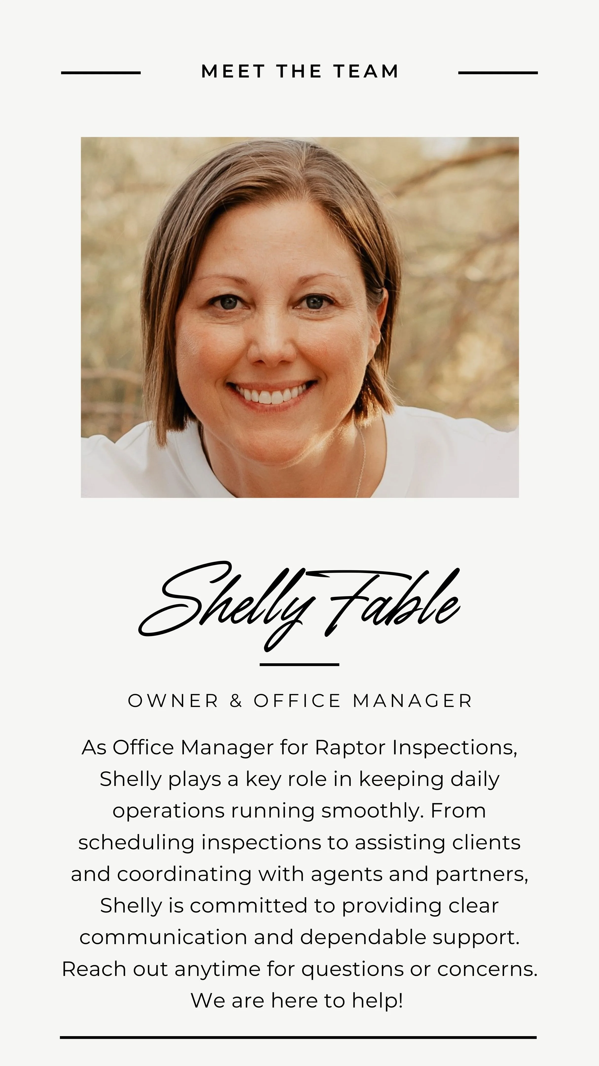 A team introduction card featuring a smiling woman with short brown hair, labeled as Shelly Fable, Owner & Office Manager, with a description of her role at Raptor Inspections.