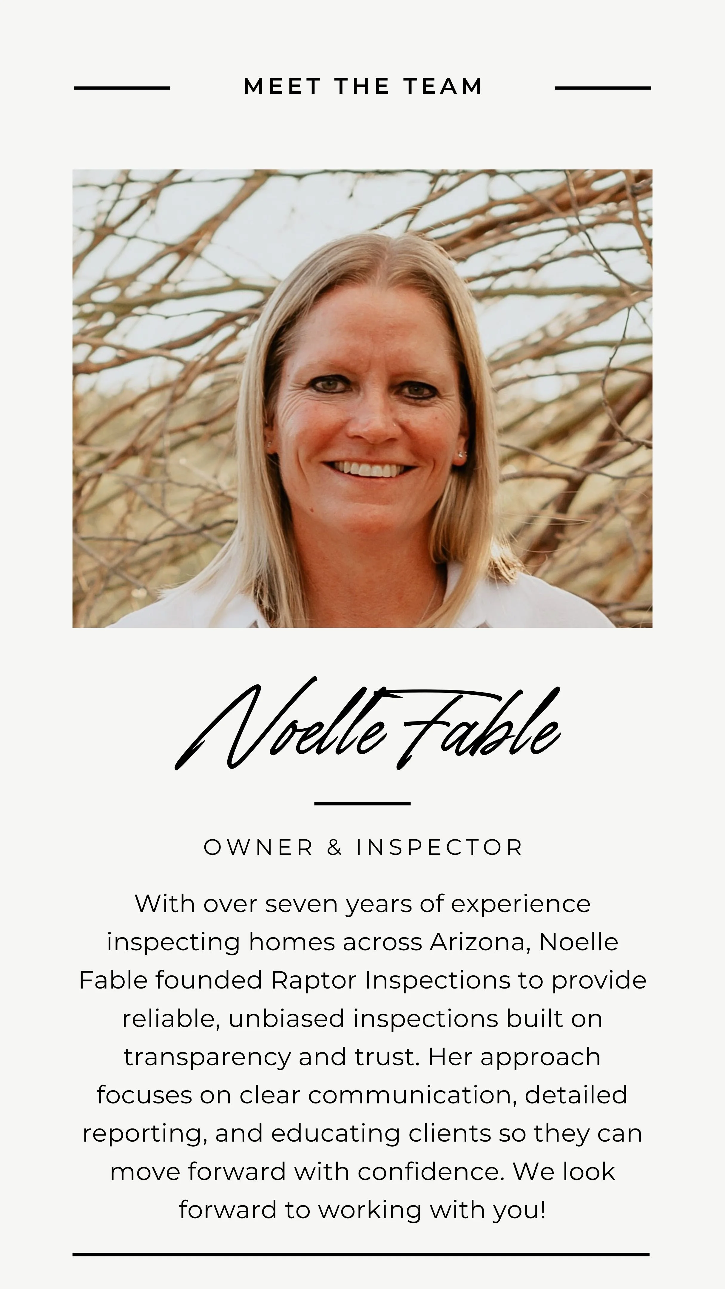 Noelle Fable, owner and inspector with a close-up portrait of a smiling blonde woman in front of a natural outdoor background.