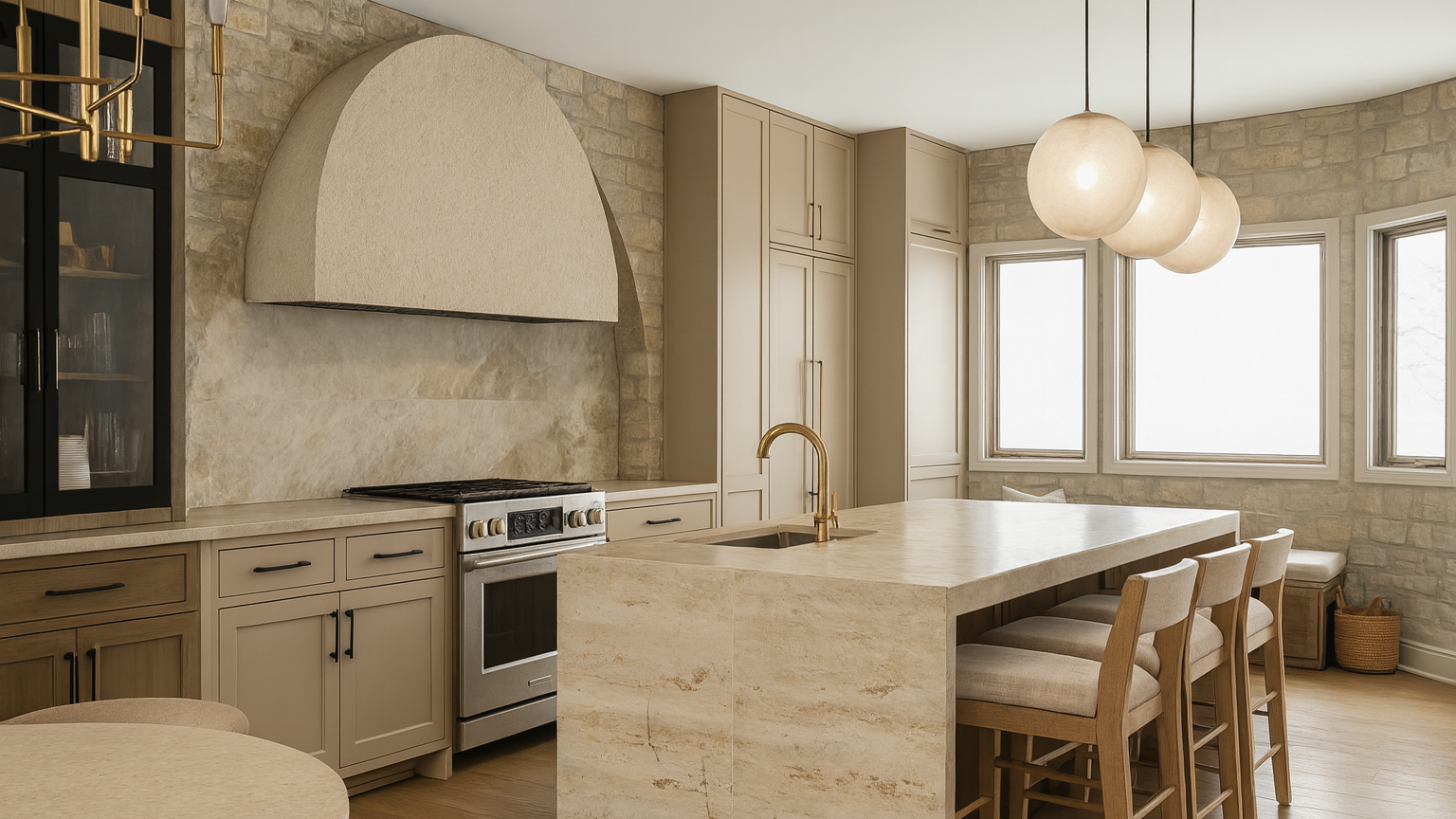 Bright kitchen with beige cabinetry, stone walls, and a large island with a built-in sink and brass faucet. Three globe pendant lights hang above the island, and windows let in natural light. There is a black glass cabinet with glassware on the left and a small cozy seating area with cushions near the windows.