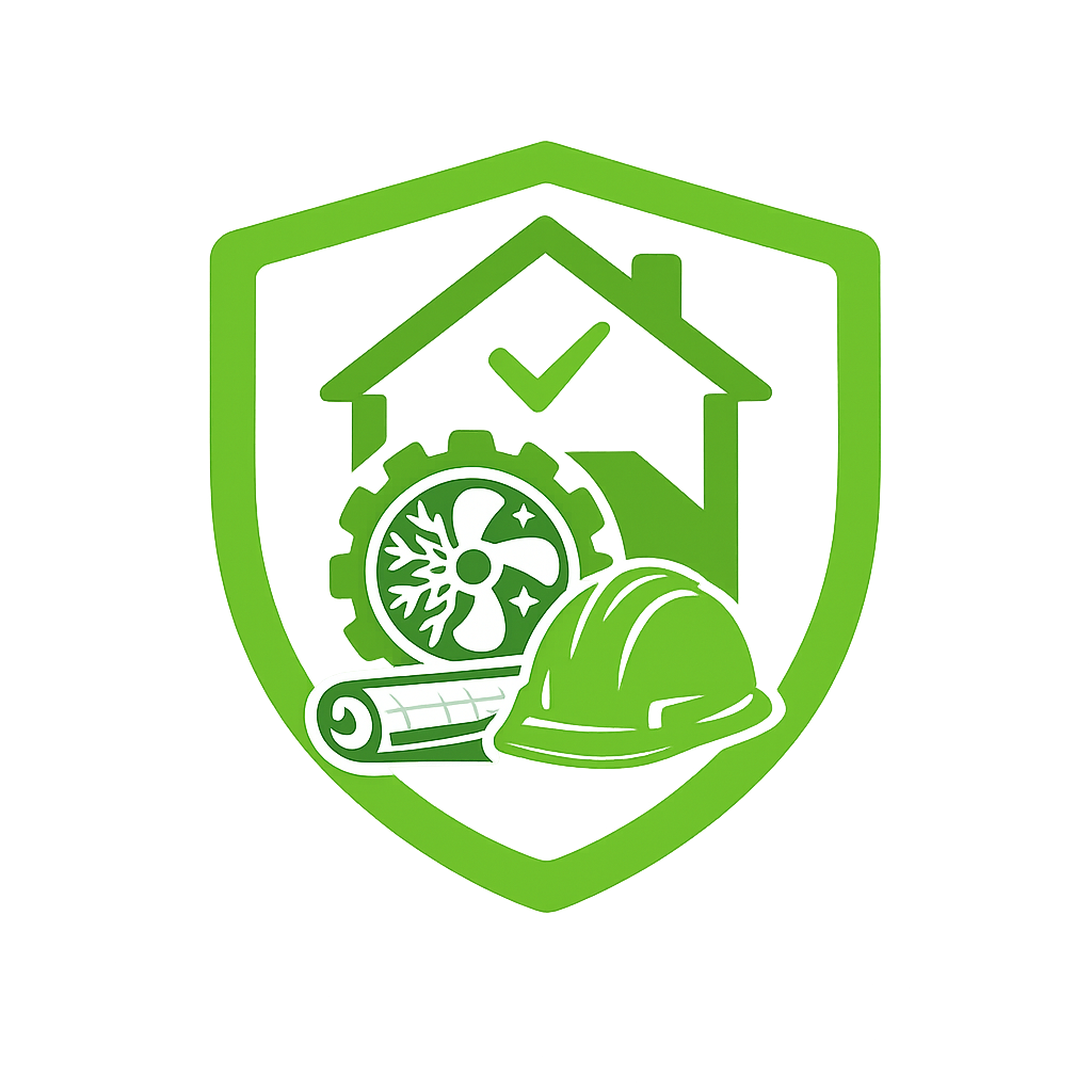 A green shield with a house, checkmark, gear, tree, rolled blueprint, and safety helmet icons representing home maintenance and safety.