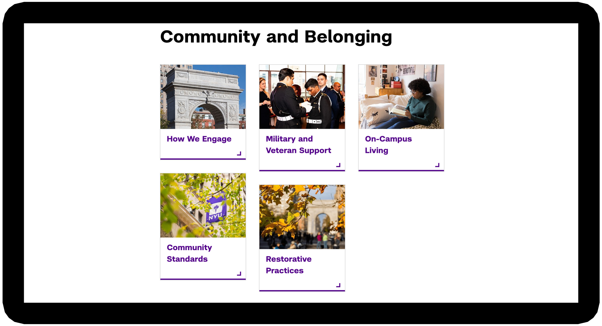 Webpage section titled "Community and Belonging" showing five resource buttons.