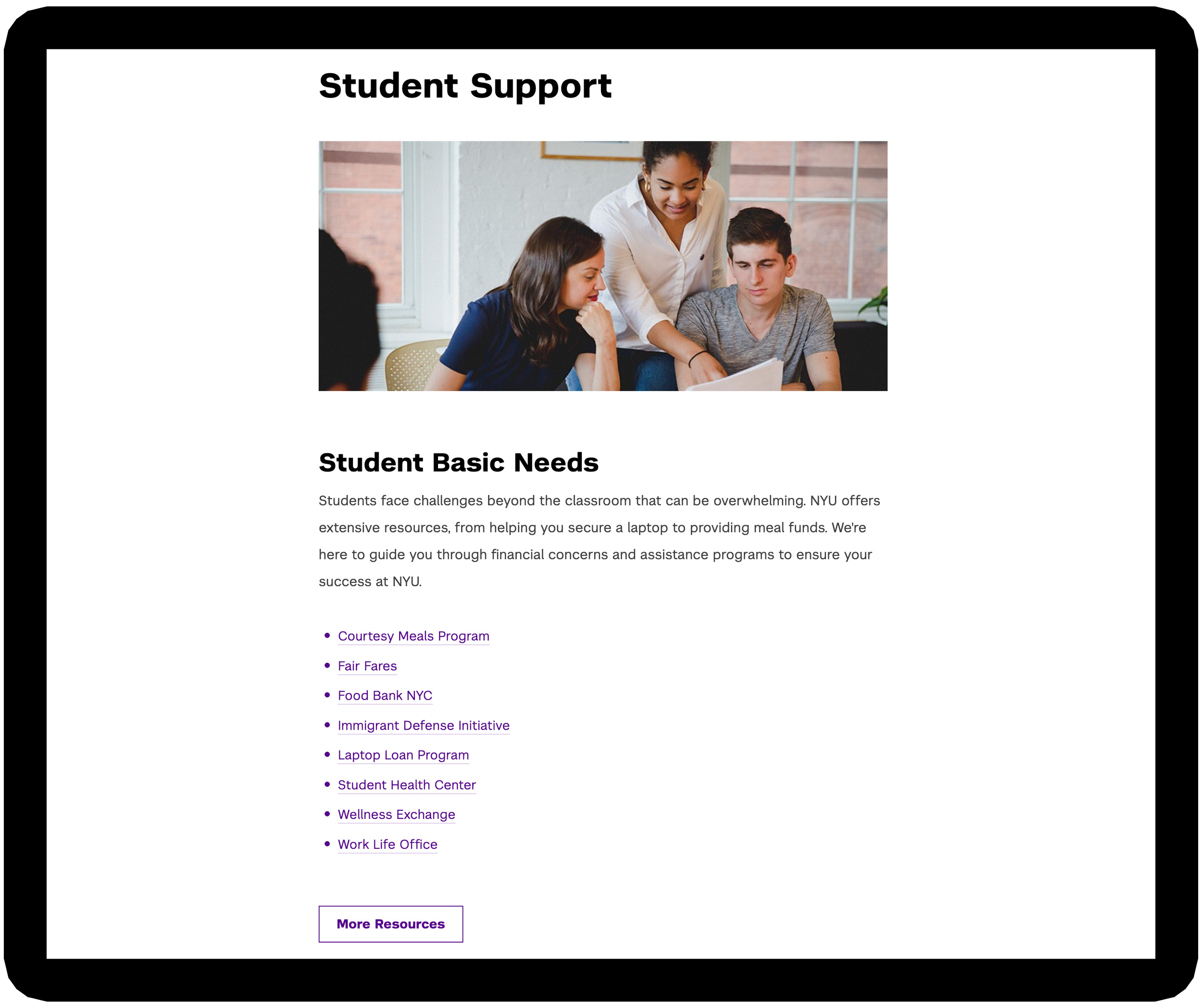 Webpage section with a header image of students and an instructor in a classroom, plus text and resource links.