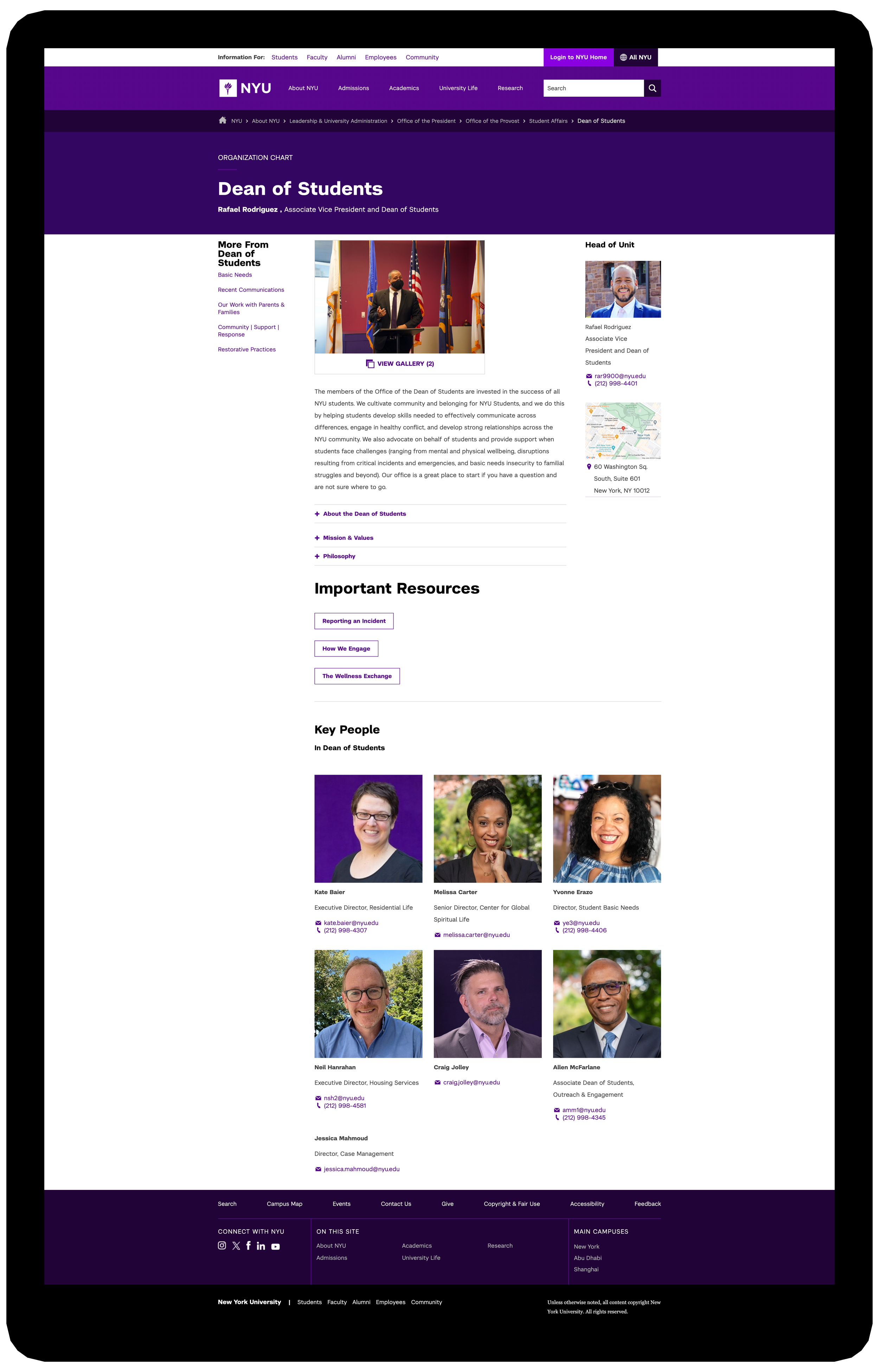 NYU Dean of Students webpage featuring the mission statement, interactive buttons, and a gallery image.