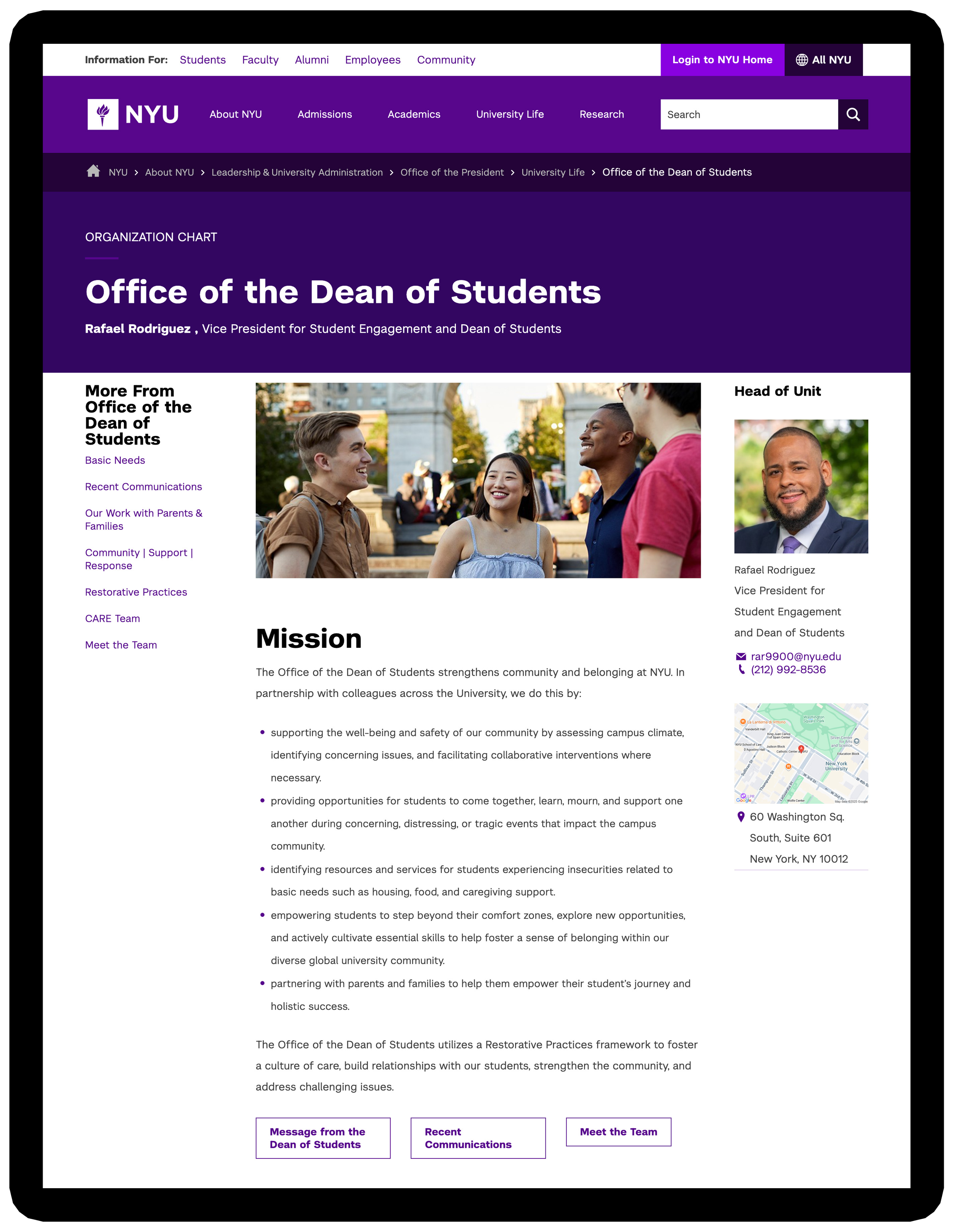 NYU Office of the Dean of Students webpage with mission statement, contact info, and photos of students and staff, in a purple-and-white design.