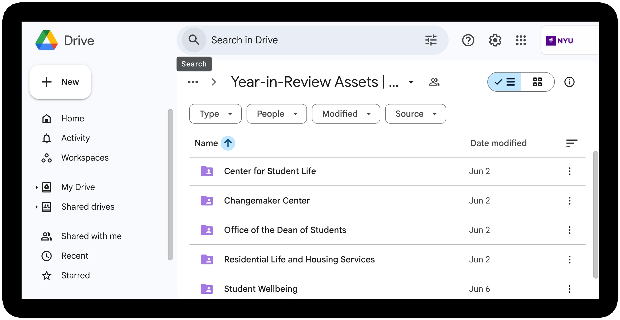 Screenshot of a Google Drive folder titled "Year-in-Review Assets" showing a list of files.