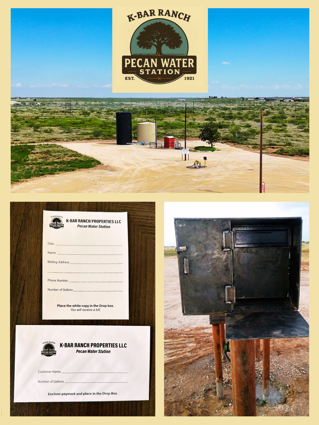 Large sign with logo reading "K-Bar Ranch Pecan Water Station, Est. 1921," showcasing a tree. Two smaller forms for paying for bulk water, and a metal drop box on orange support posts in a rural area with open land and blue sky.