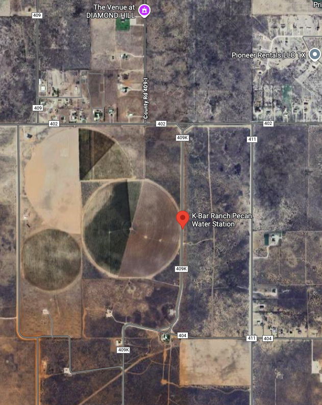 Satellite map showing a marker for K-Bar Ranch Pecan Water Station at 253 County Rd 409K, Seminole, TX 79360.