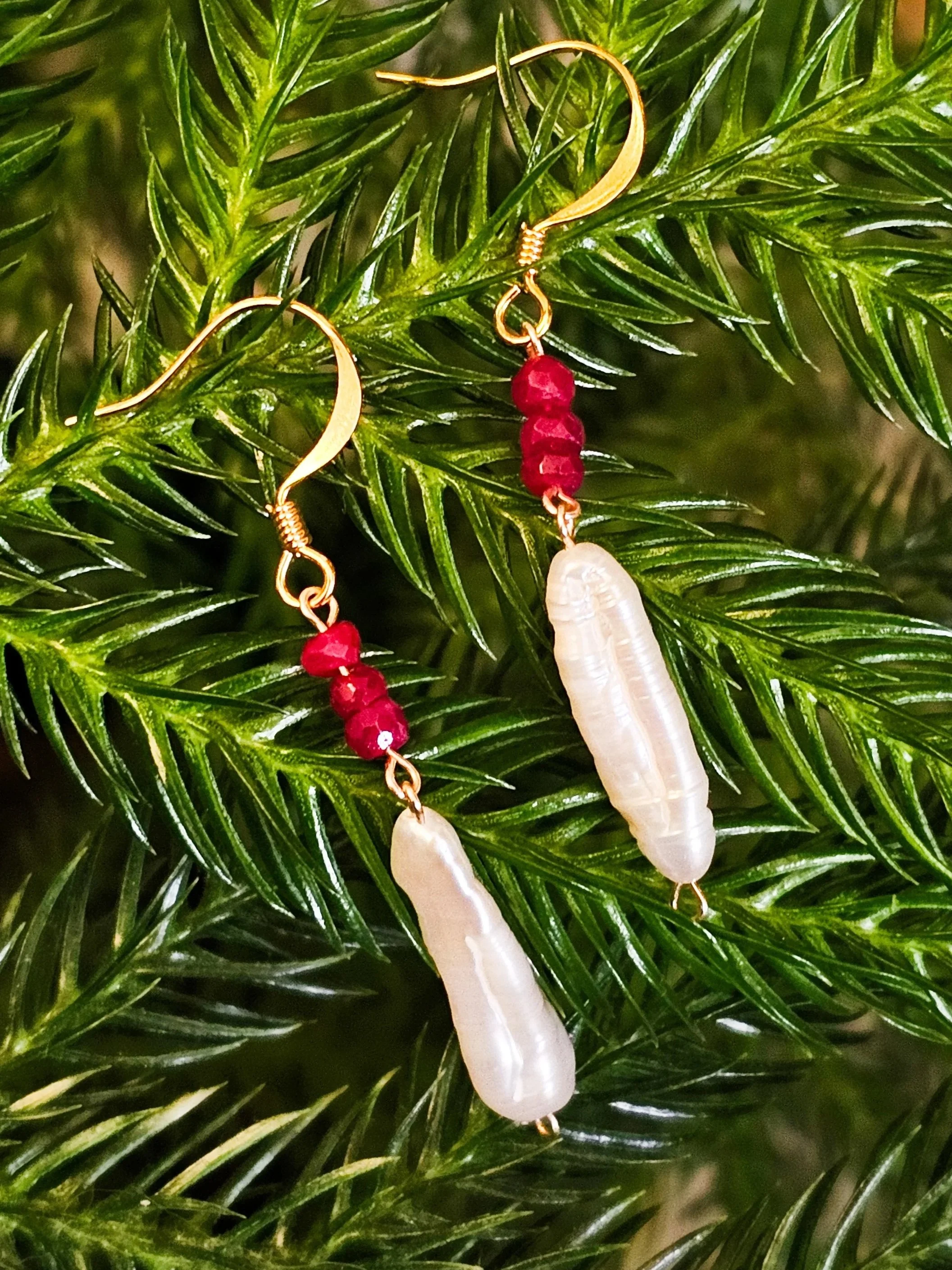 Ruby + Biwa Pearl Drop Earrings ✦Gold✦