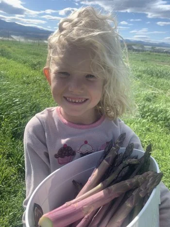Young girl with curly blonde hair smiling outdoors in a grassy field, holding a bucket of fresh asparagus.