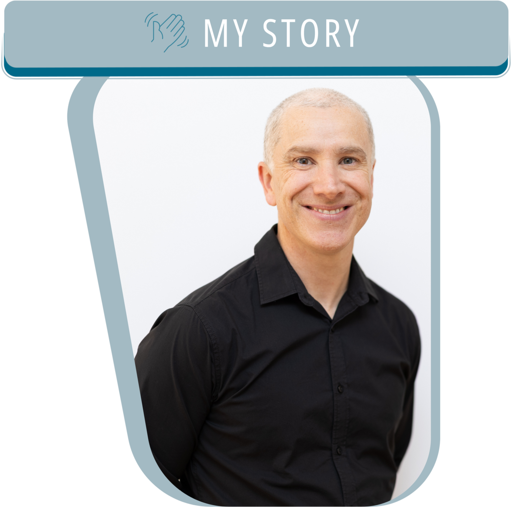 A smiling man with short gray hair, wearing a black shirt, is shown in a portrait photograph. The image is framed under a label that reads 'MY STORY' with a hand symbol above it.