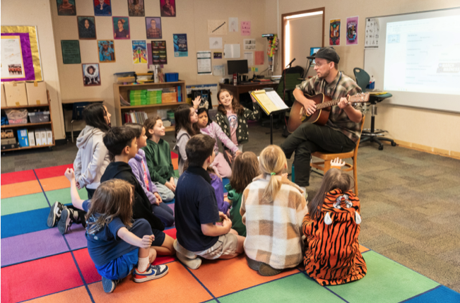 Children watching adult playing the guitar