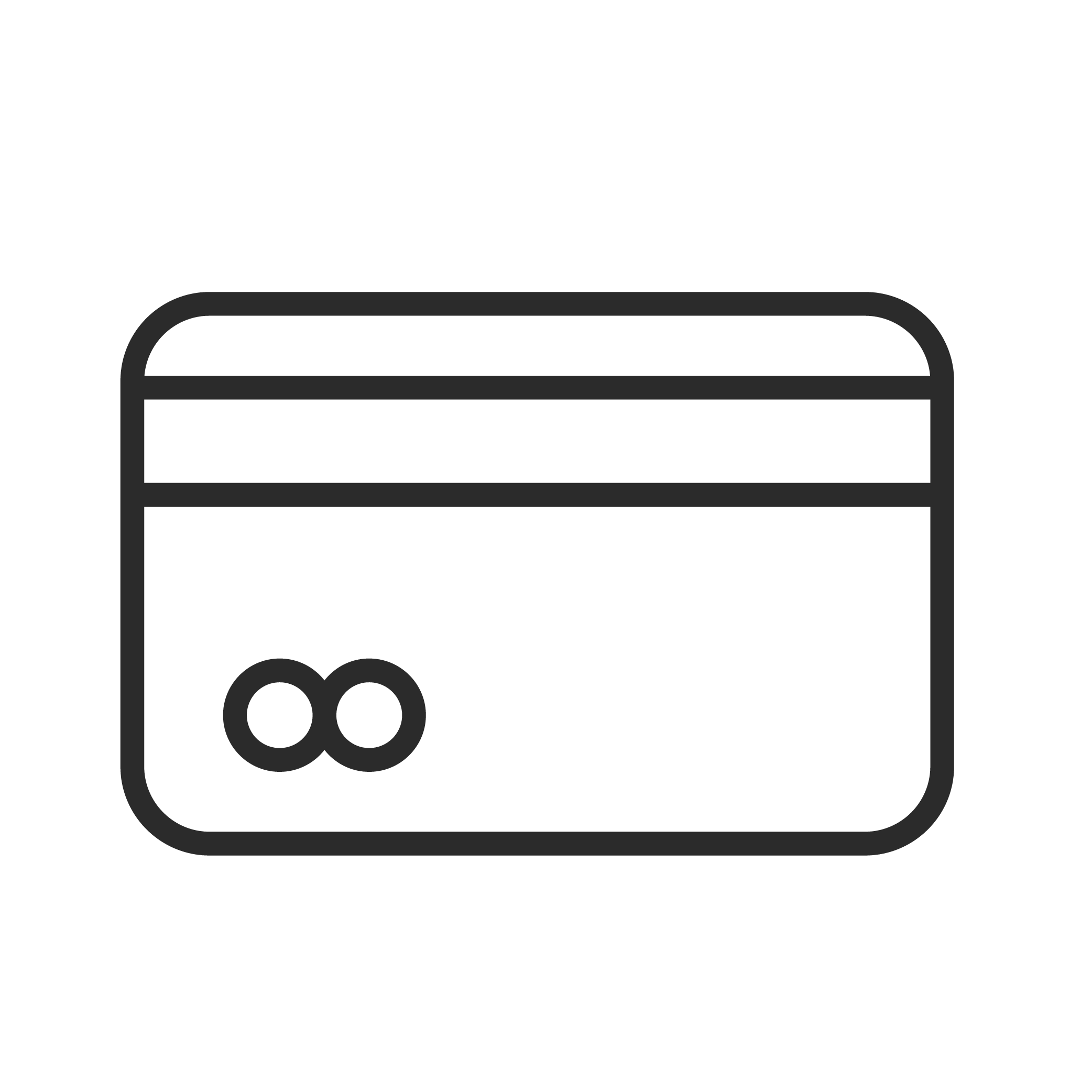 Outline of a credit card with two horizontal lines at the top and two circles at the bottom left.
