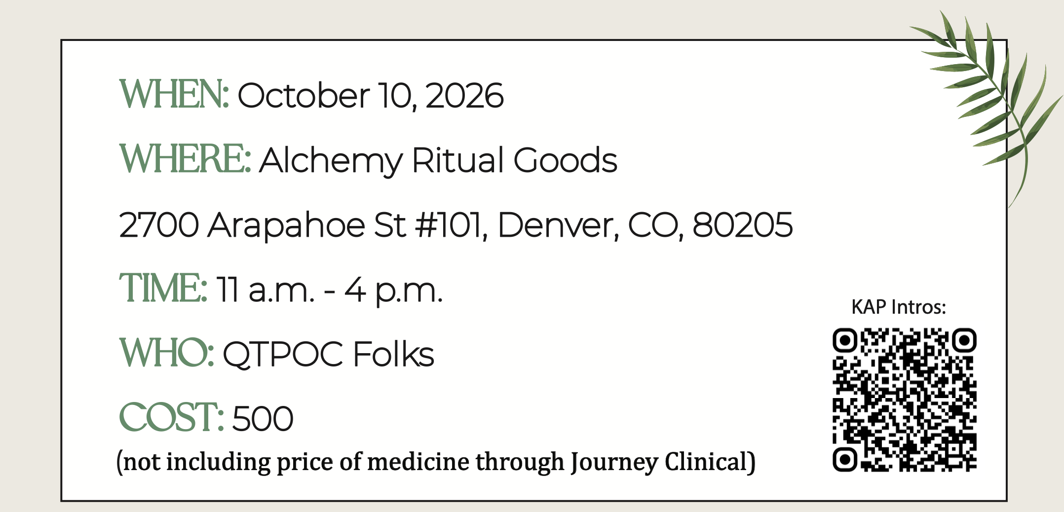 Event details including date, location, time, organizer, cost, and a QR code with a decorative green leaf in the top right corner.