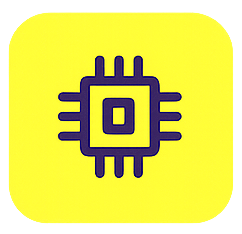 A yellow square icon with rounded corners, featuring a central microchip symbol in purple with multiple connecting lines.