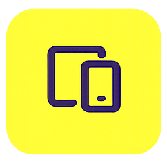 Icon of two overlapping smartphones, one larger and one smaller, on a yellow background