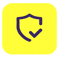 Yellow background with a purple shield and checkmark icon.