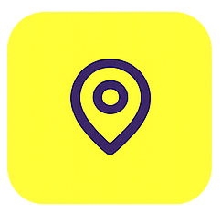Yellow background with a purple location pin icon.