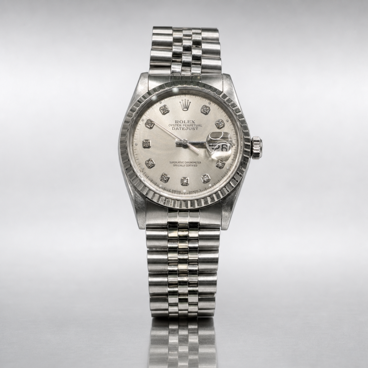 1980s Rolex 16030 Datejust 36 Silver Diamond Dial Watch Only