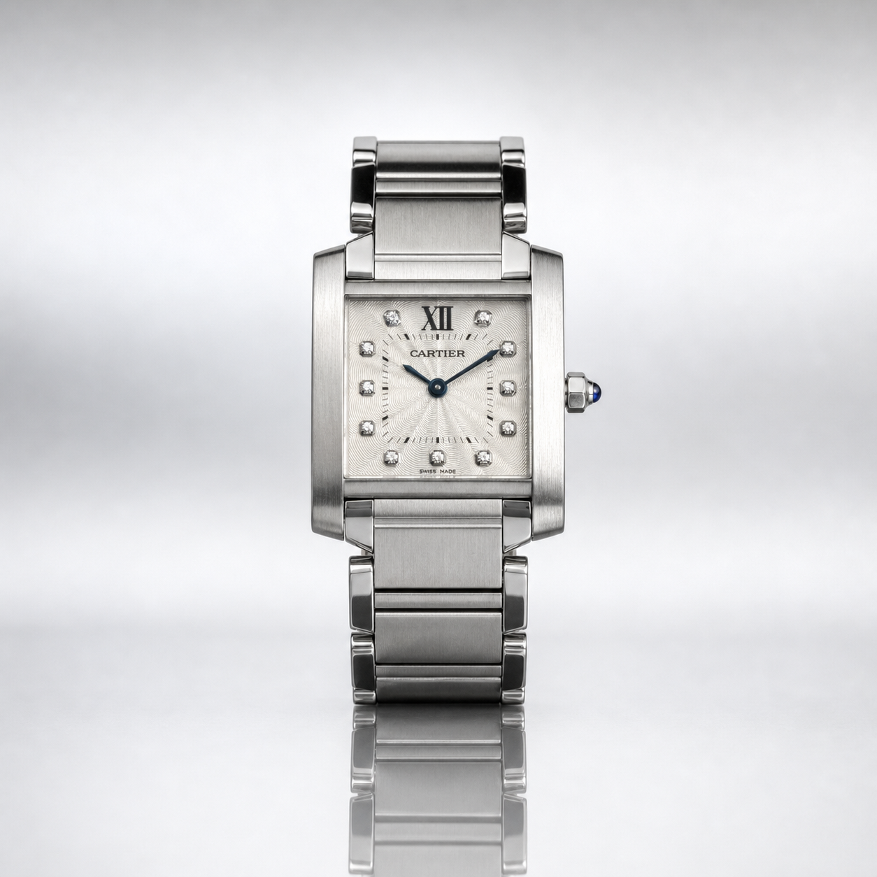Cartier Tank Française 2384 Small Steel Diamond Dial Quartz Watch 20x25mm