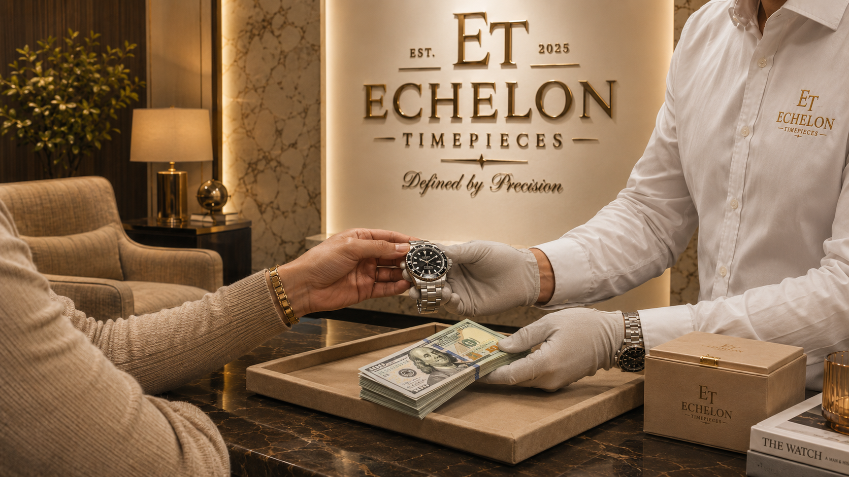 A person wearing a beige sweater and gold bracelet receives a watch from a salesperson dressed in a white shirt with the ET Echelon logo. The salesperson hands a watch to the customer over a counter with a tray of cash and a jewelry box. A sign in the background reads "ET Echelon Timepieces, Defined by Precision."