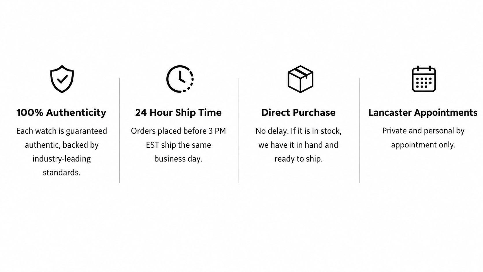 Four columns of text with icons at the top. First column: shield icon, titled '100% Authenticity', stating each watch is guaranteed authentic. Second column: clock icon, titled '24 Hour Ship Time', explaining orders placed before 3 PM EST ship same day. Third column: box icon, titled 'Direct Purchase', indicating no delay if in stock. Fourth column: calendar icon, titled 'Lancaster Appointments', stating appointments are private and by appointment only.