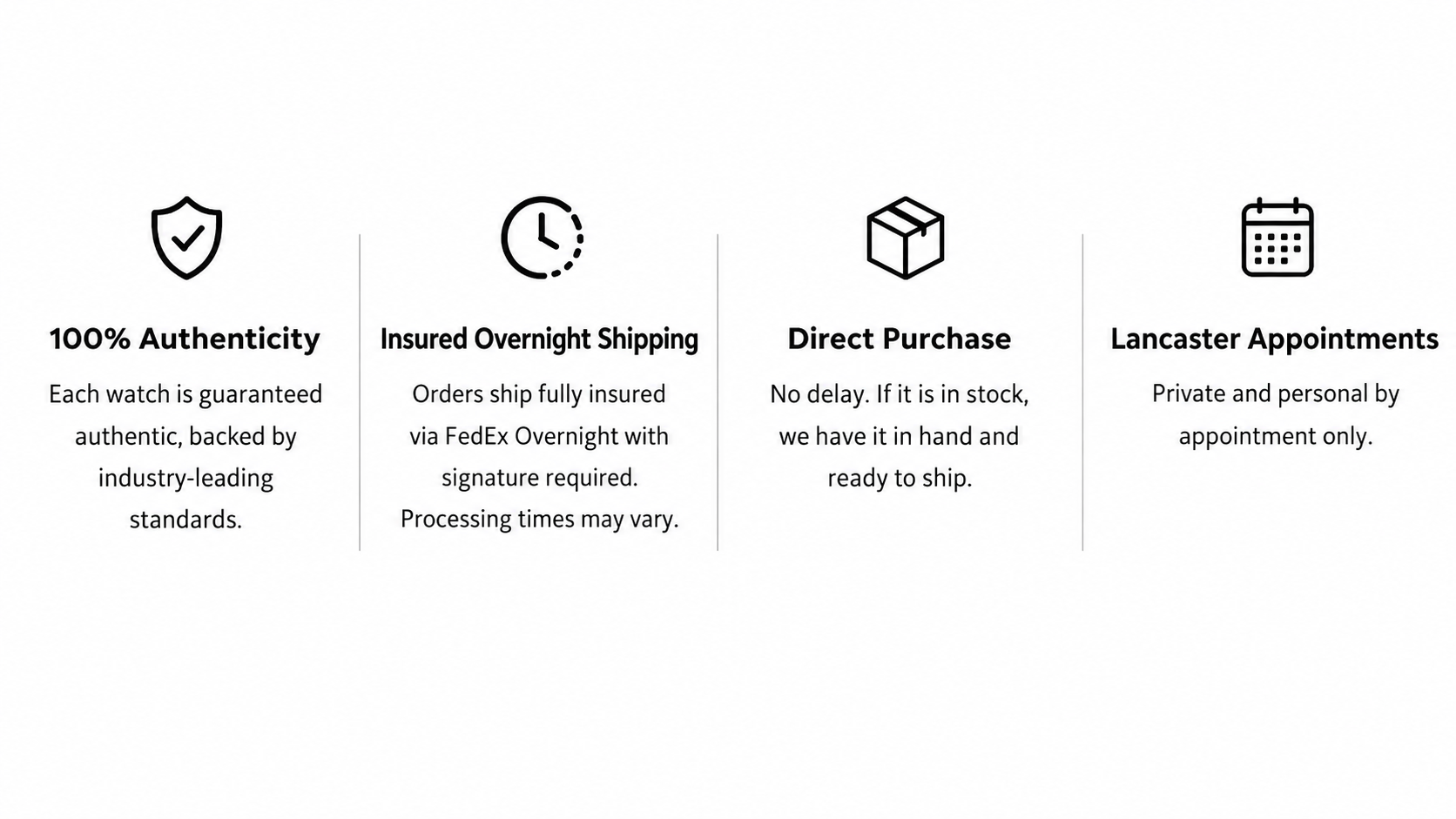 Echelon Timepieces purchase assurances: authenticity guaranteed, fully insured FedEx Overnight shipping with signature required, direct in-stock purchase, and private Lancaster appointments.