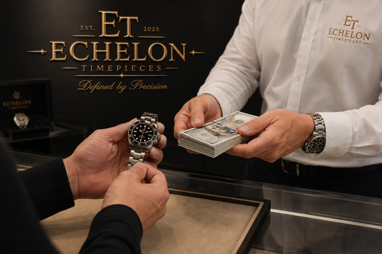 A person is handing over a stack of $100 bills to another person in exchange for a luxury wristwatch at Ethel Echelon Timepieces store. The store's logo and branding are visible in the background.
