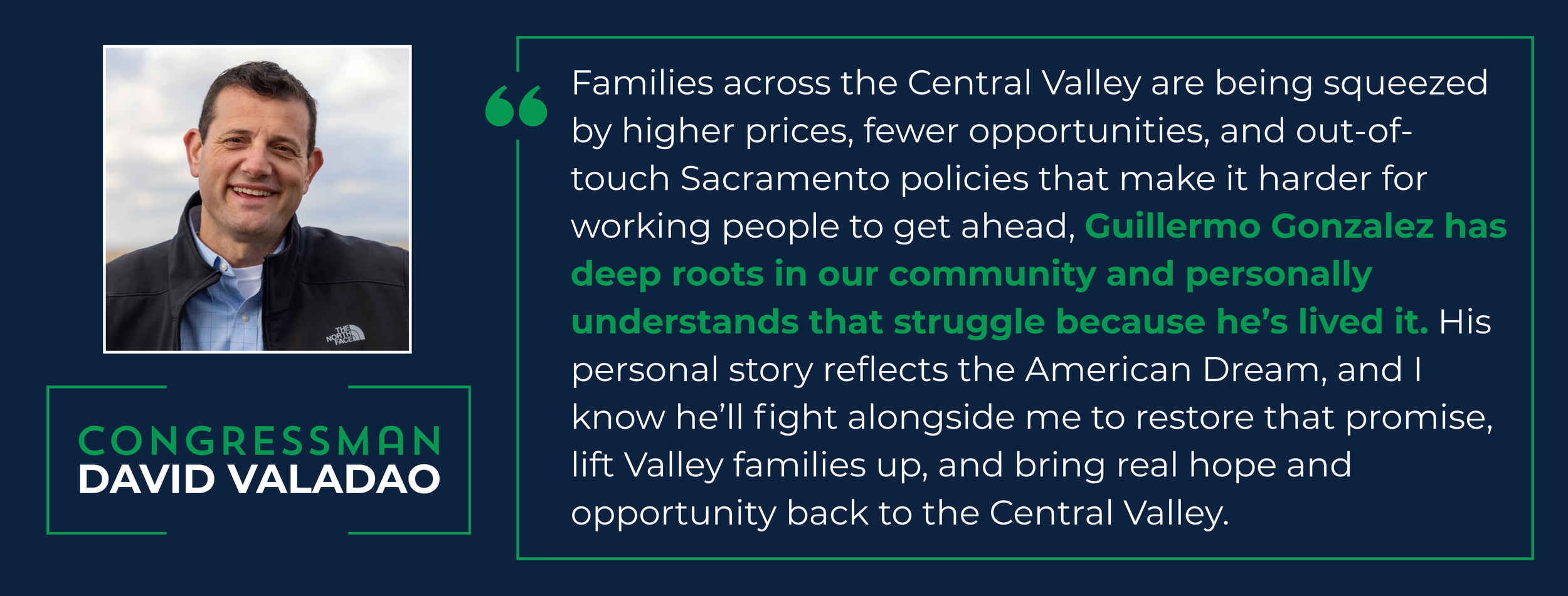 A portrait of Congressman David Valadao with a quote about community struggles and his personal background, featuring a photo of him smiling outdoors, wearing a black North Face jacket and a blue collared shirt, with graphic design elements including green and white text on a dark background.