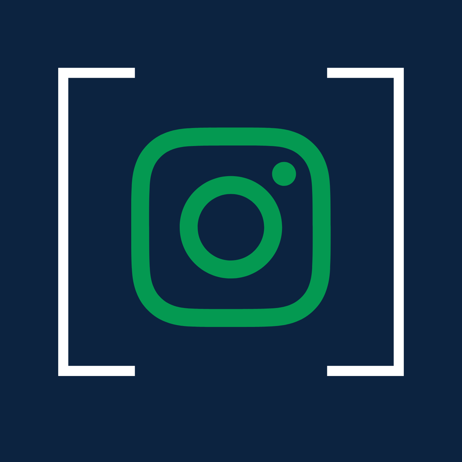 Green Instagram logo on a dark blue background with white corner brackets.