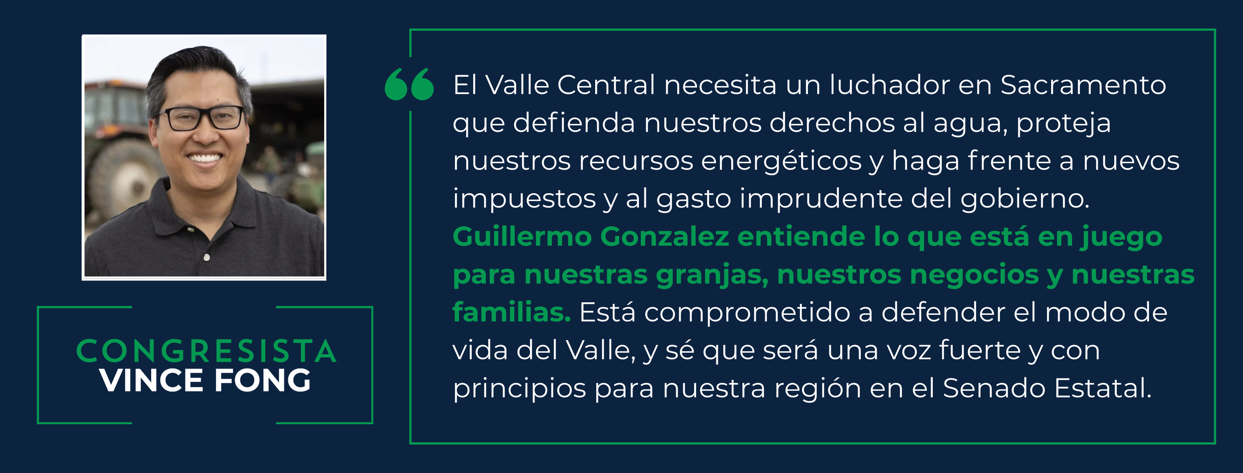 Portrait of Vince Fong, a male congressman, with a quote about protecting water rights and opposing government waste, on a blue background with green accents.