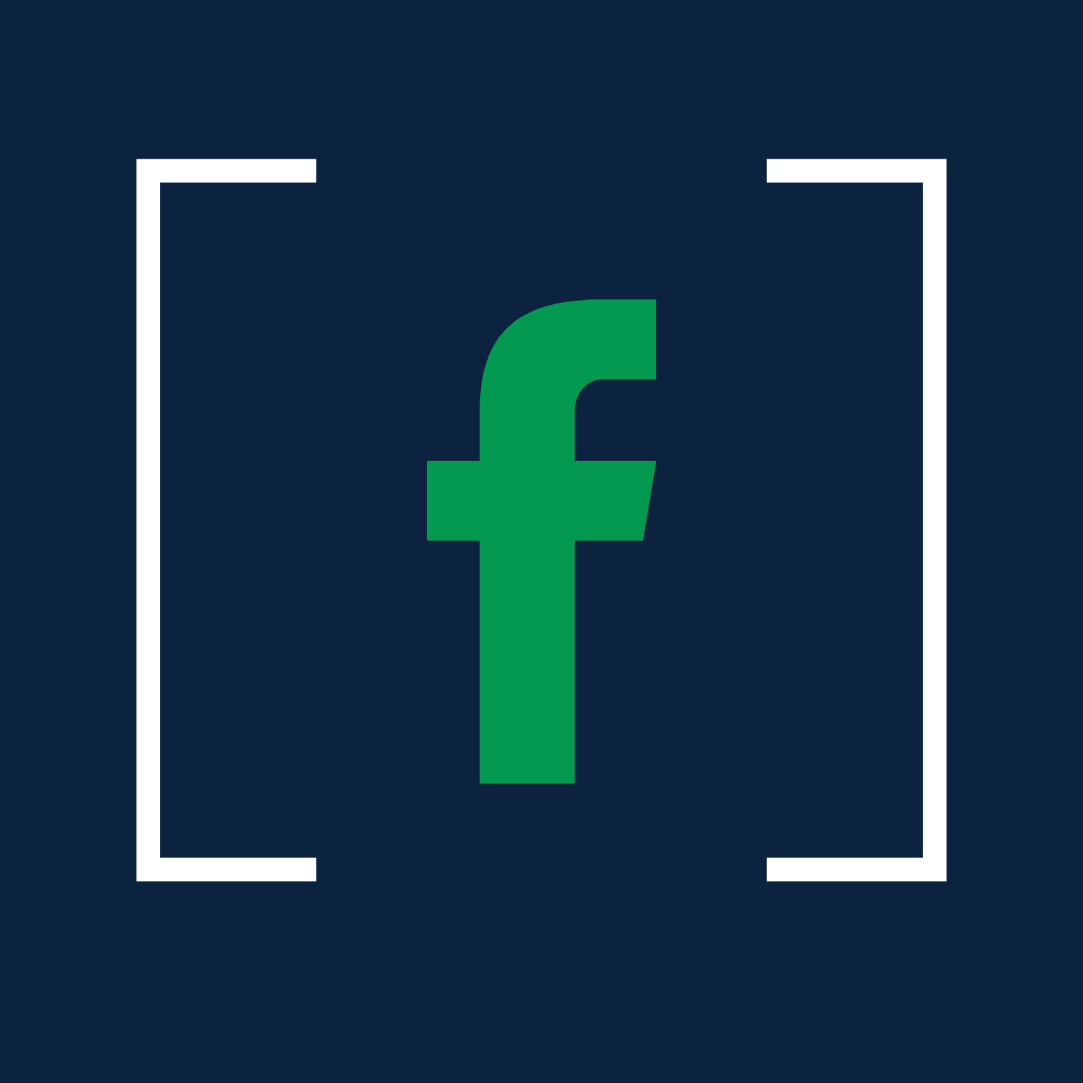 Facebook logo in the center with a dark blue background and white corner brackets.