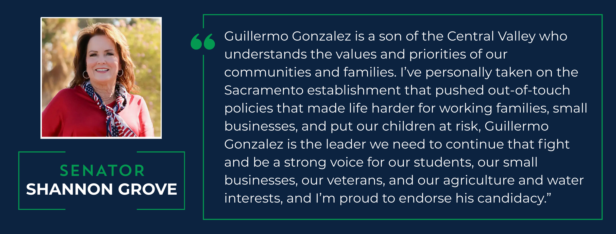 Photograph of Shannon Grove, a woman with shoulder-length hair, wearing earrings and a red top, set against a blurred outdoor background. To the right, a quote endorsing her, highlighting her understanding of community values and her leadership qualities, with her name and title emphasizing her role as a senator.