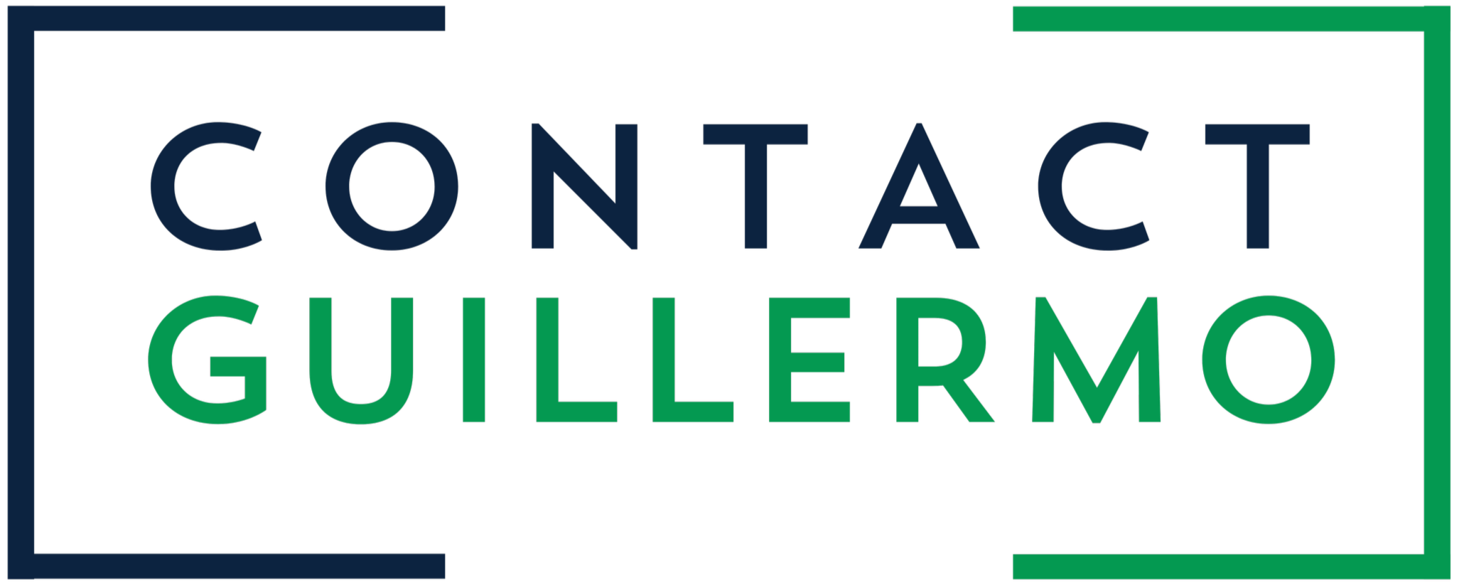 Contact Guillermo logo with black background, blue border on top and left, green border on right and bottom, and the words 'CONTACT GUILLERMO' in large dark blue and green letters.
