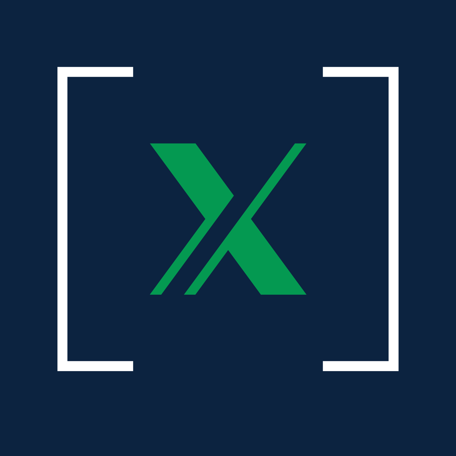 Green logo with stylized 'X' inside white frame on dark blue background.