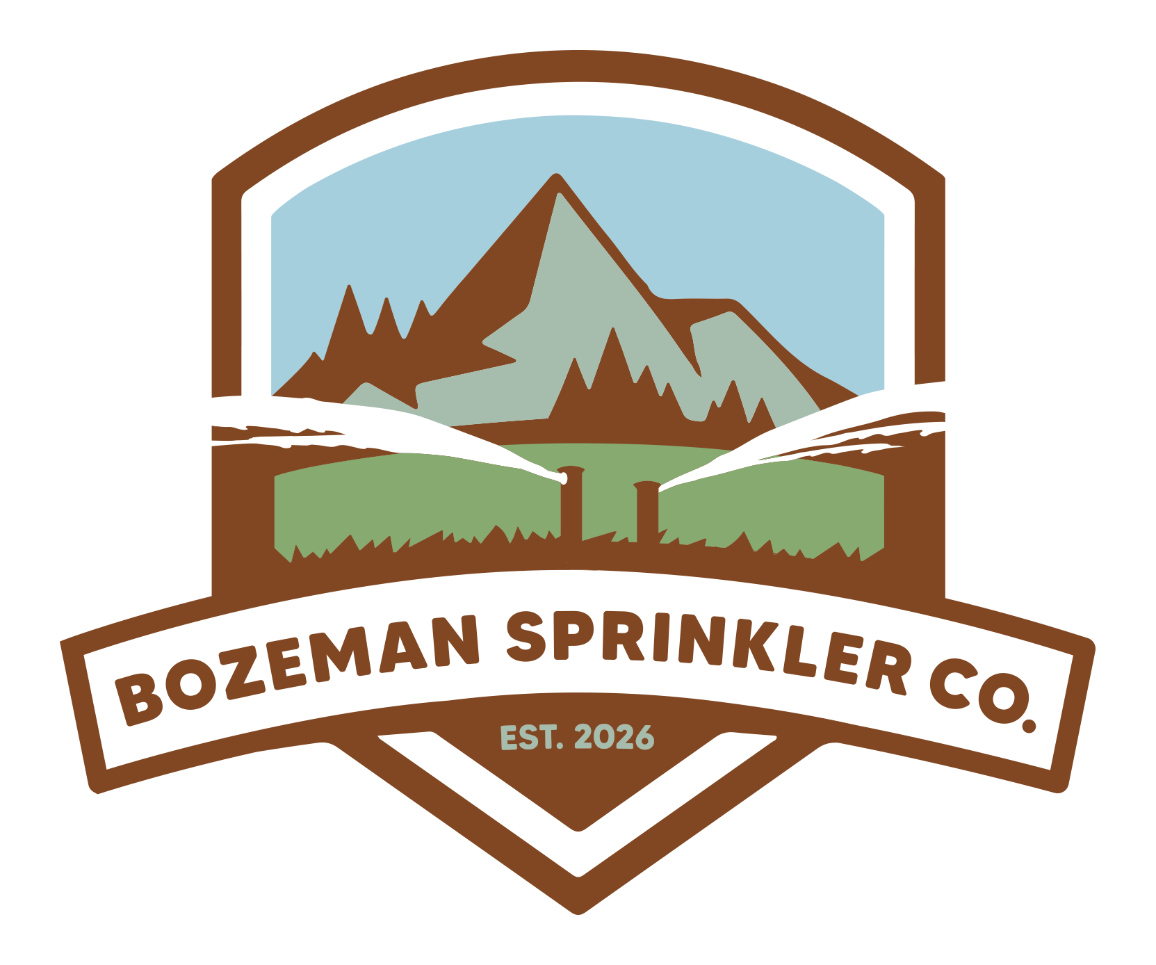 Logo of Bozeman Sprinkler Co. featuring a mountain landscape with snow-capped peaks, green fields, and water spraying out of two rotor sprinkler heads.
