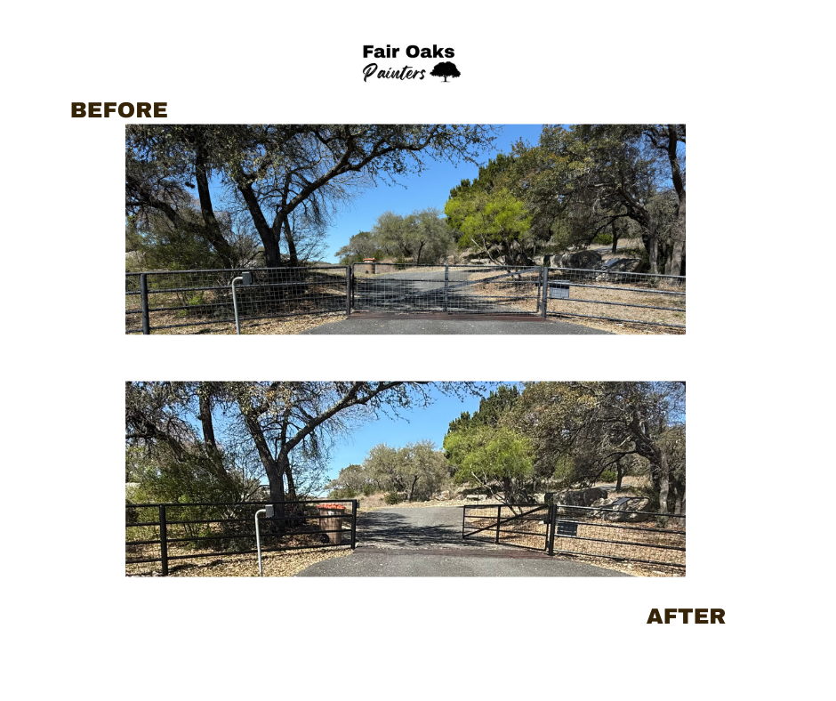 Comparison photo showing a gated entrance before and after removal of the gate at Fair Oaks Painters, with trees and a clear sky in the background.