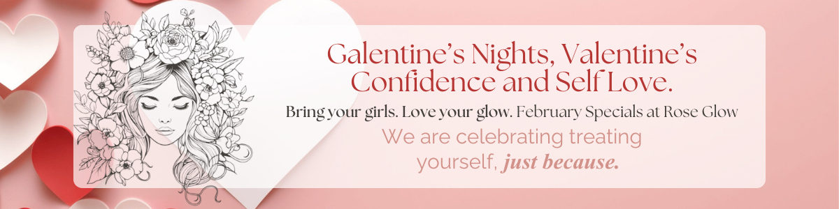 Promotional banner with pink background and heart shapes, featuring an illustration of a woman's face surrounded by flowers, promoting Valentine's Day and self-love at Rose Glow.