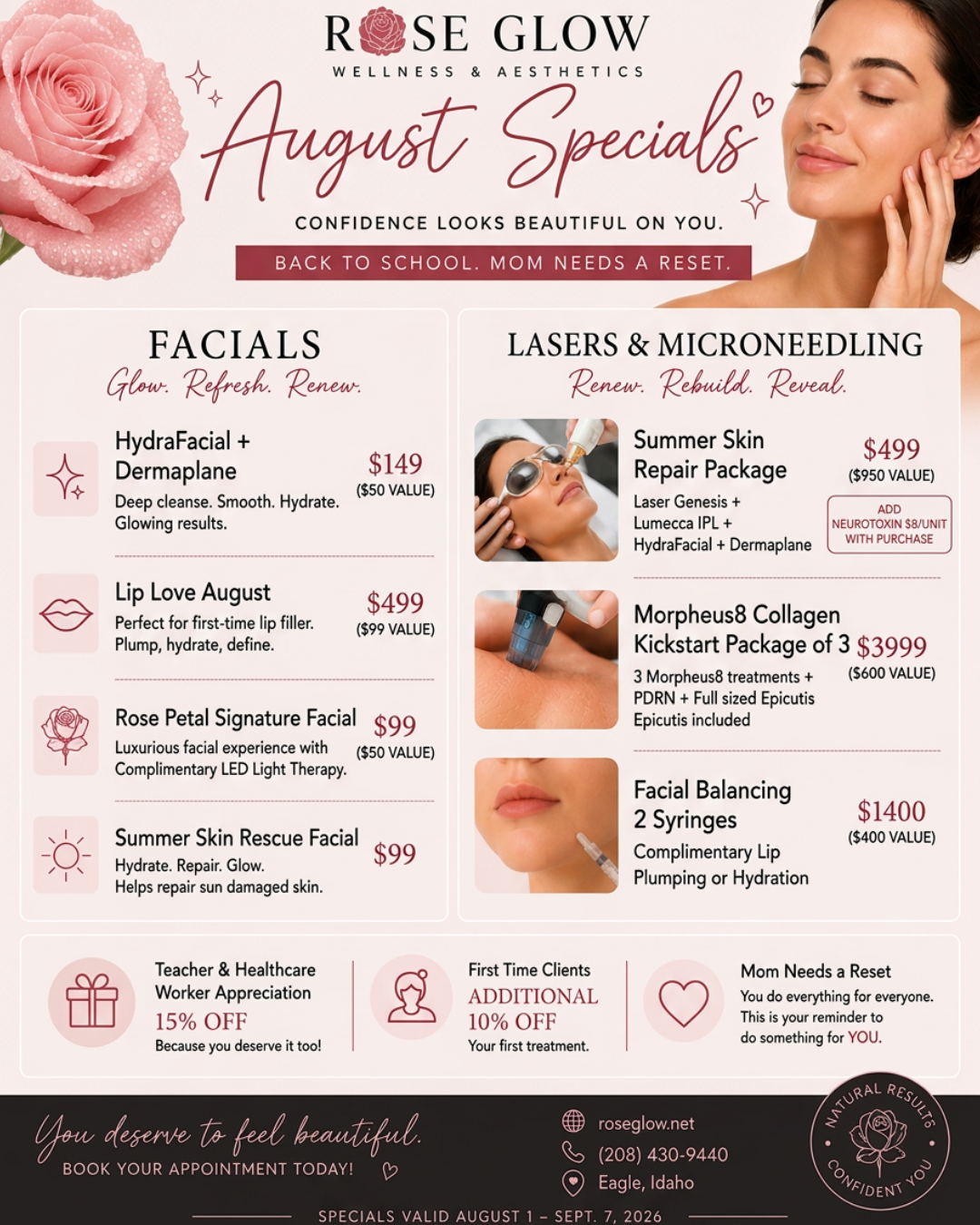 August aesthetic specials at Rose Glow Wellness & Aesthetics in Eagle, Idaho, featuring HydraFacial, dermaplaning, lip filler, Morpheus8, Lumecca IPL, Laser Genesis, facials, and facial balancing.