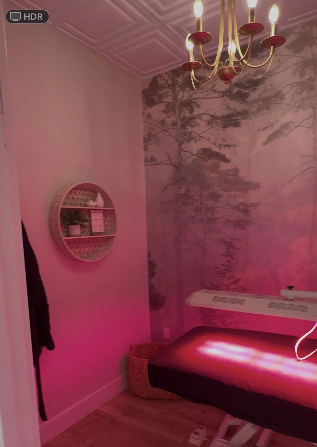 A room with a pink wall, featuring a mural of trees, a chandelier hanging from the ceiling, a circular wall shelf with decor, a woven basket, and a bed with a black bedspread illuminated by a pink light.