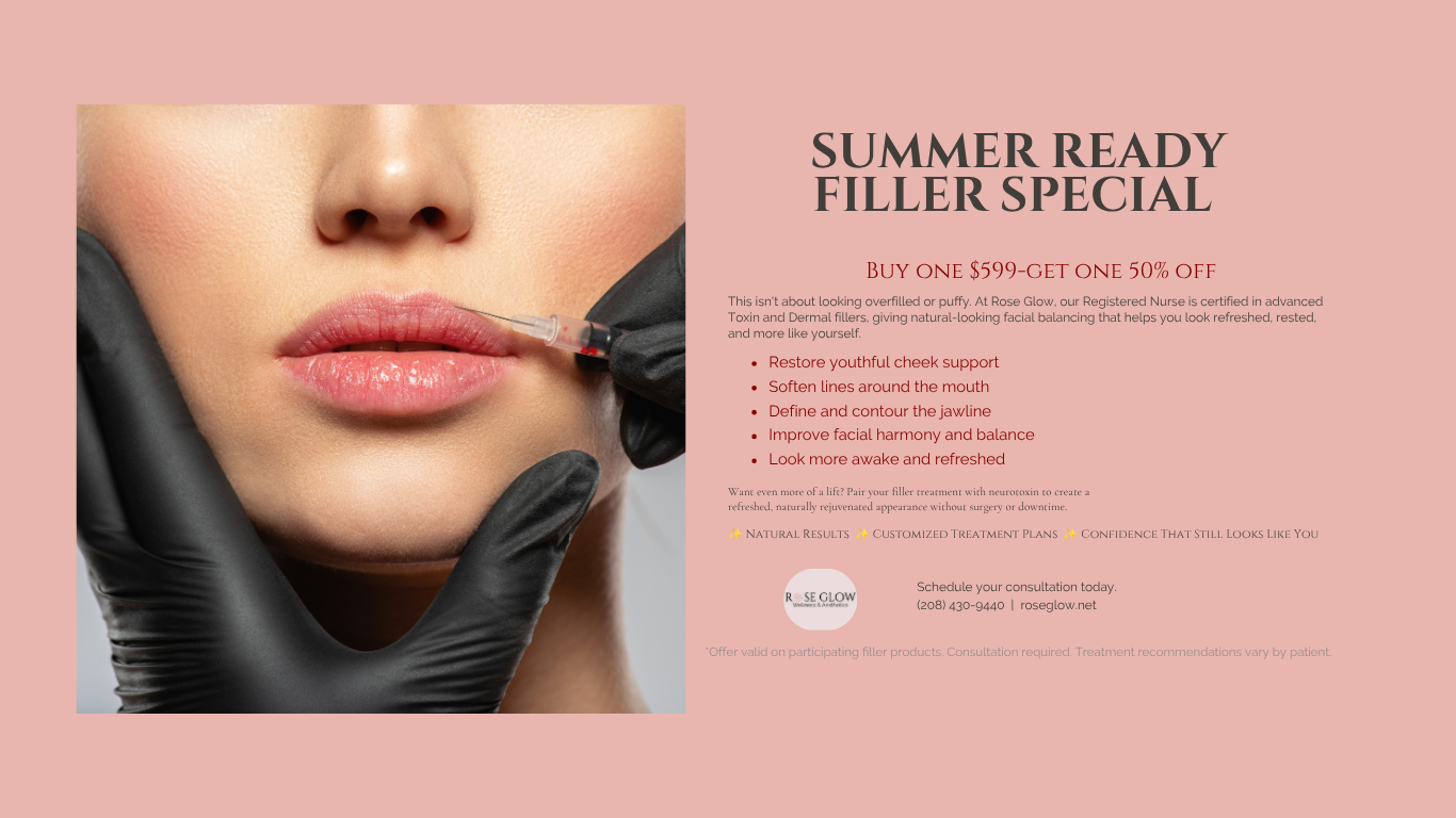 Close-up of a woman receiving a lip filler treatment with a needle, while a practitioner wearing black gloves holds her chin. The background is pink with promotional text for a summer filler special.