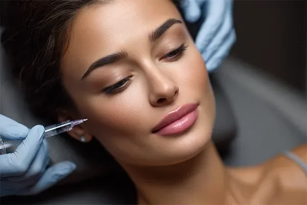 A woman receiving dermal fillers or cosmetic injections from a registered nurse achieves natural results without puffiness.