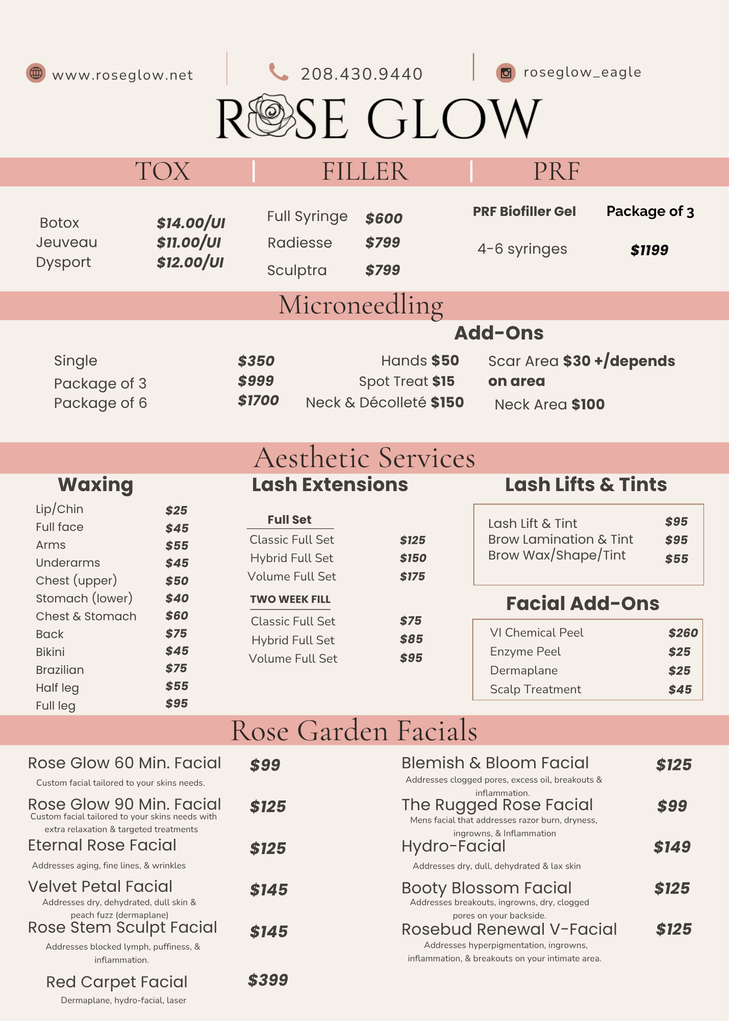 A pricing and service menu for Rose Glow, a skincare clinic, including toxin, filler, PRF, microneedling, aesthetic services, skin pen, lasers, eyelash extensions, brow microblading, morpheus 8, and with prices and descriptions.