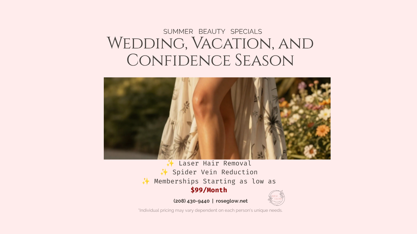 Pink background advertisement for summer beauty specials offering wedding, vacation, and confidence season services. Features a central photo of a woman in a floral dress, showing bare legs, surrounded by flowers. Text highlights laser hair removal, spider vein reduction, and membership deals starting at $99/month, with contact information and a logo.
